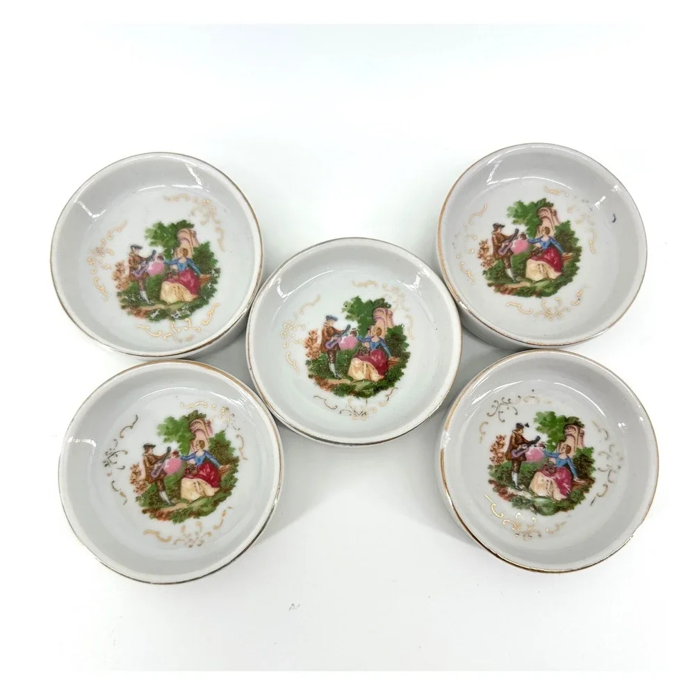 Vintage Courting Couple Porcelain Butter Pats Set of 5 Made in Japan Gold Trim
